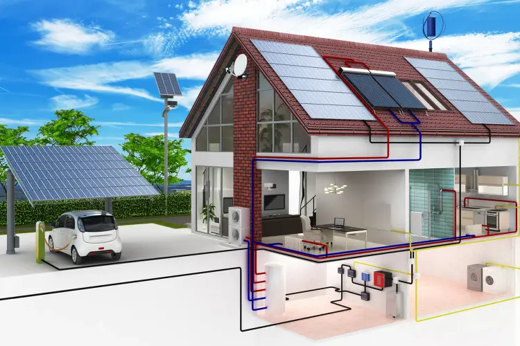 Maison individuelle en coupe équipée de solaire, pompe à chaleur et borne de recharge