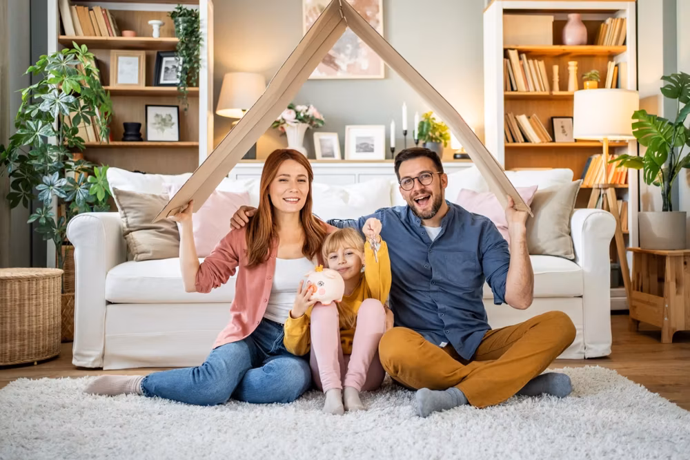 Famille souriante dans son salon sous un toit symbolique — aides à la rénovation énergétique obtenues