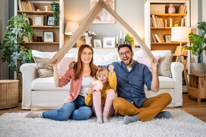 Famille souriante dans son salon sous un toit symbolique — aides à la rénovation énergétique obtenues