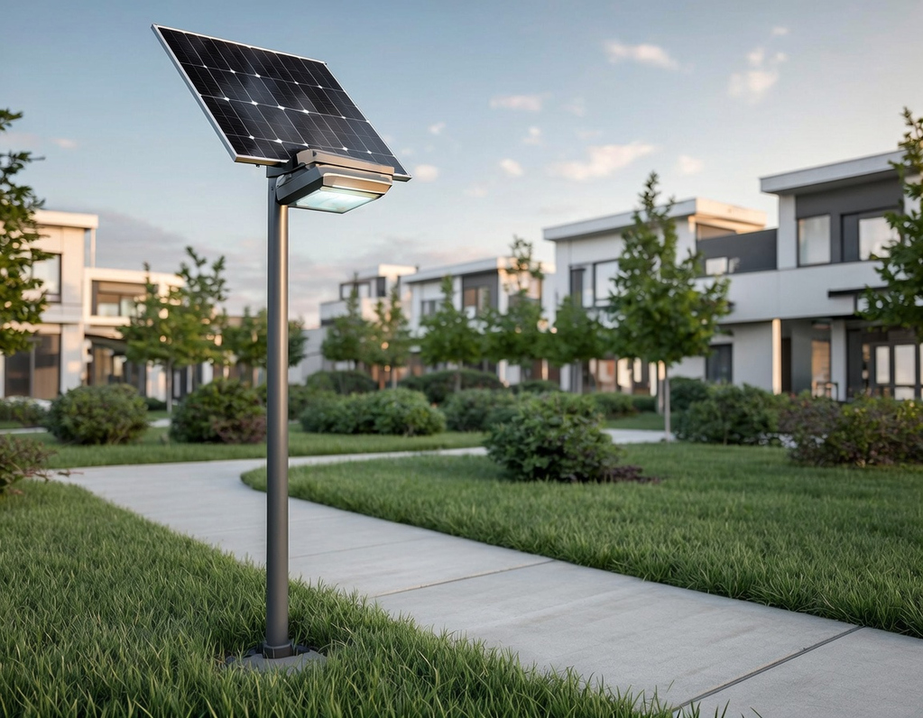 Détail d'un mât d'éclairage solaire autonome avec module monocristallin incliné et luminaire LED