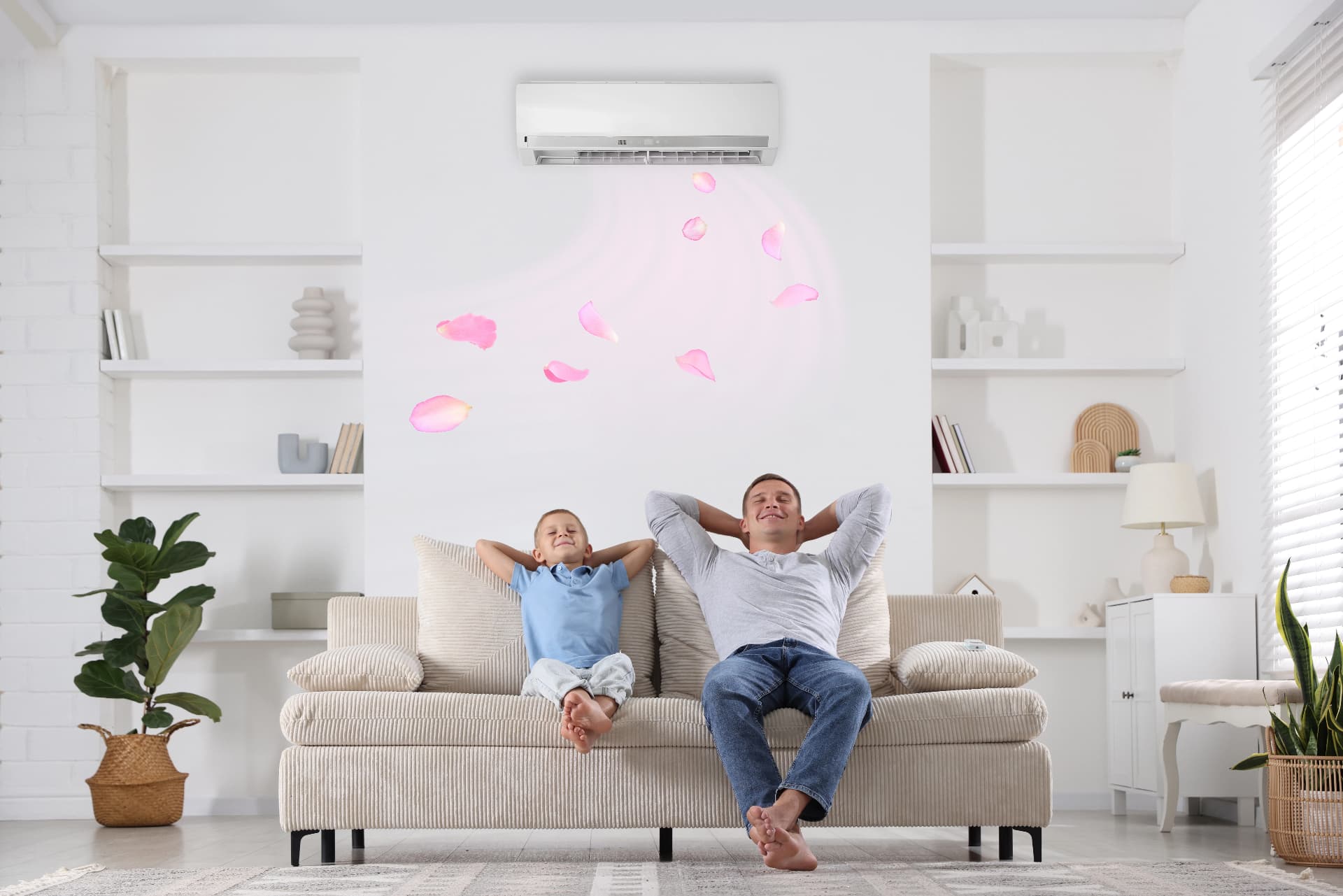 Famille profitant d'une climatisation réversible dans son salon
