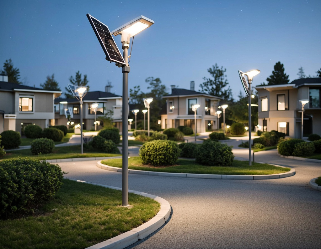 Voies internes d'une résidence éclairées de nuit par des lampadaires solaires autonomes