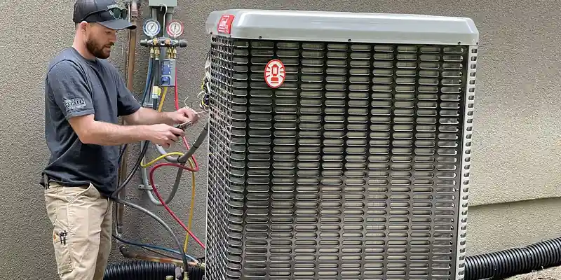 Technicien chauffagiste raccordant une pompe à chaleur air/eau lors d'une rénovation énergétique