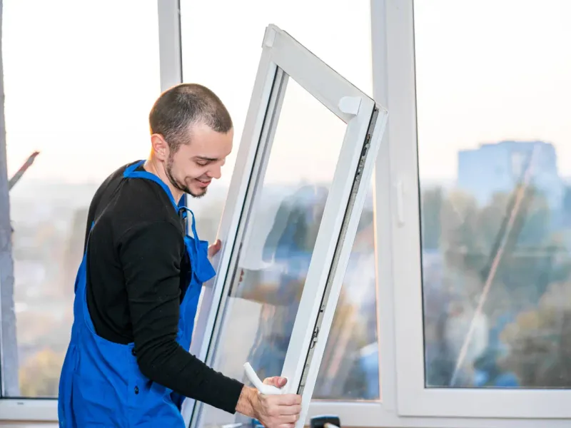 Poseur installant un ouvrant double vitrage dans un immeuble rénové — en Corse