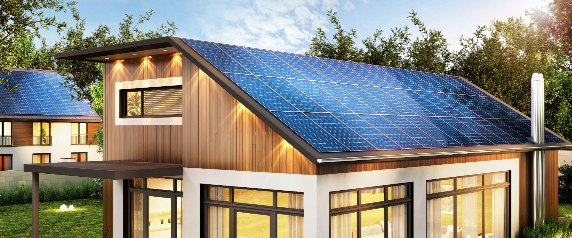 Maison moderne en bois avec toiture solaire intégrée