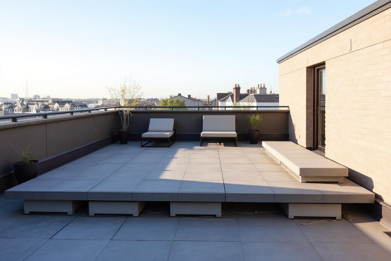Terrasse accessible finie par dalles sur plots au-dessus de l'isolation