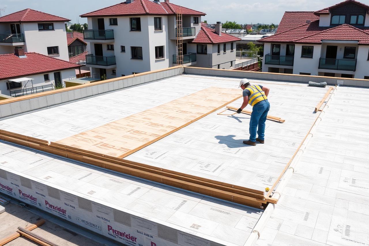 Pose de panneaux isolants rigides sur le support d'une toiture terrasse