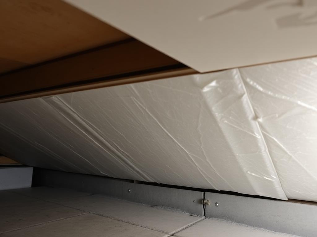 Panneaux isolants posés entre poutrelles au plafond d'un vide sanitaire