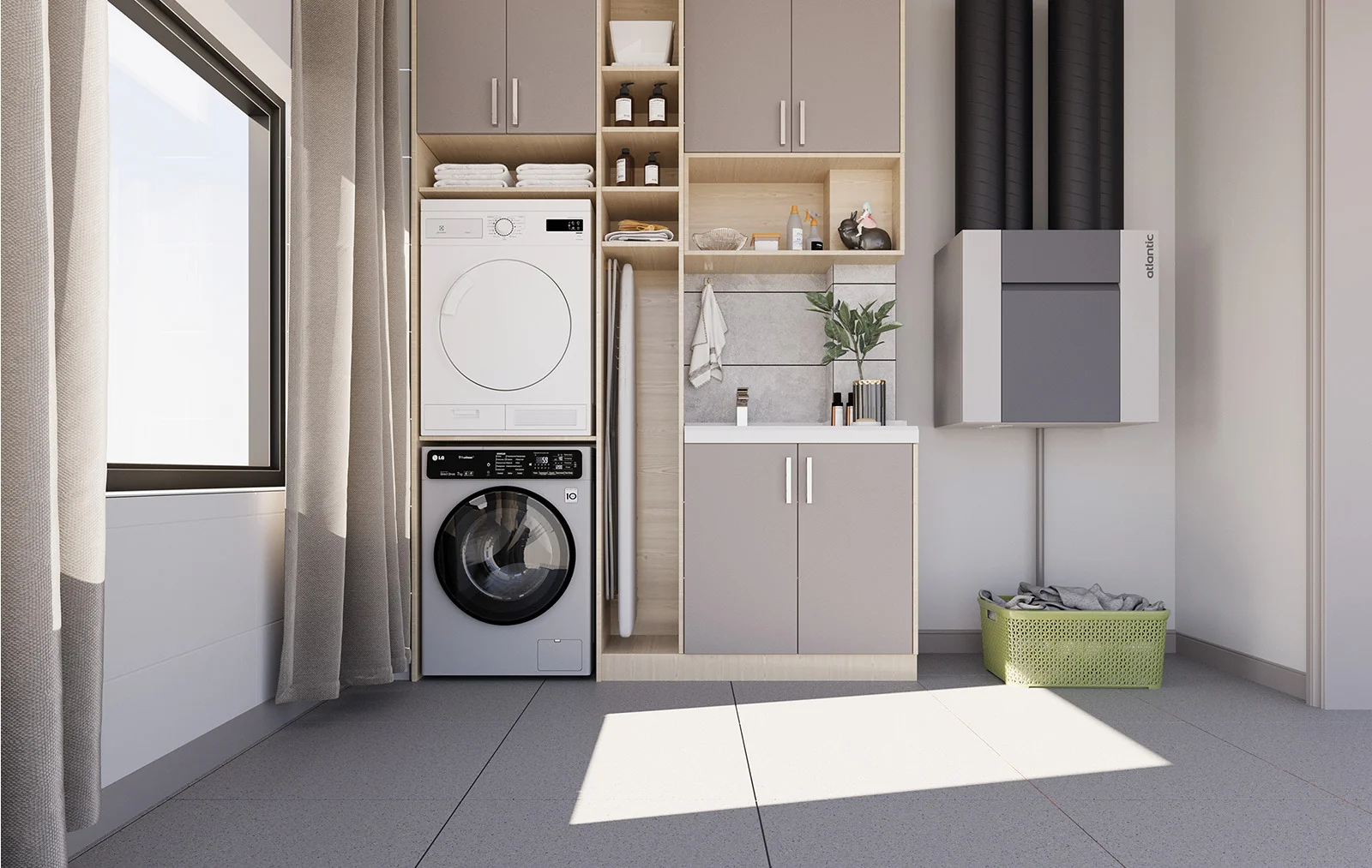 Caisson de VMC double flux Atlantic Optimocosy HR+ installé en hauteur dans un local de service