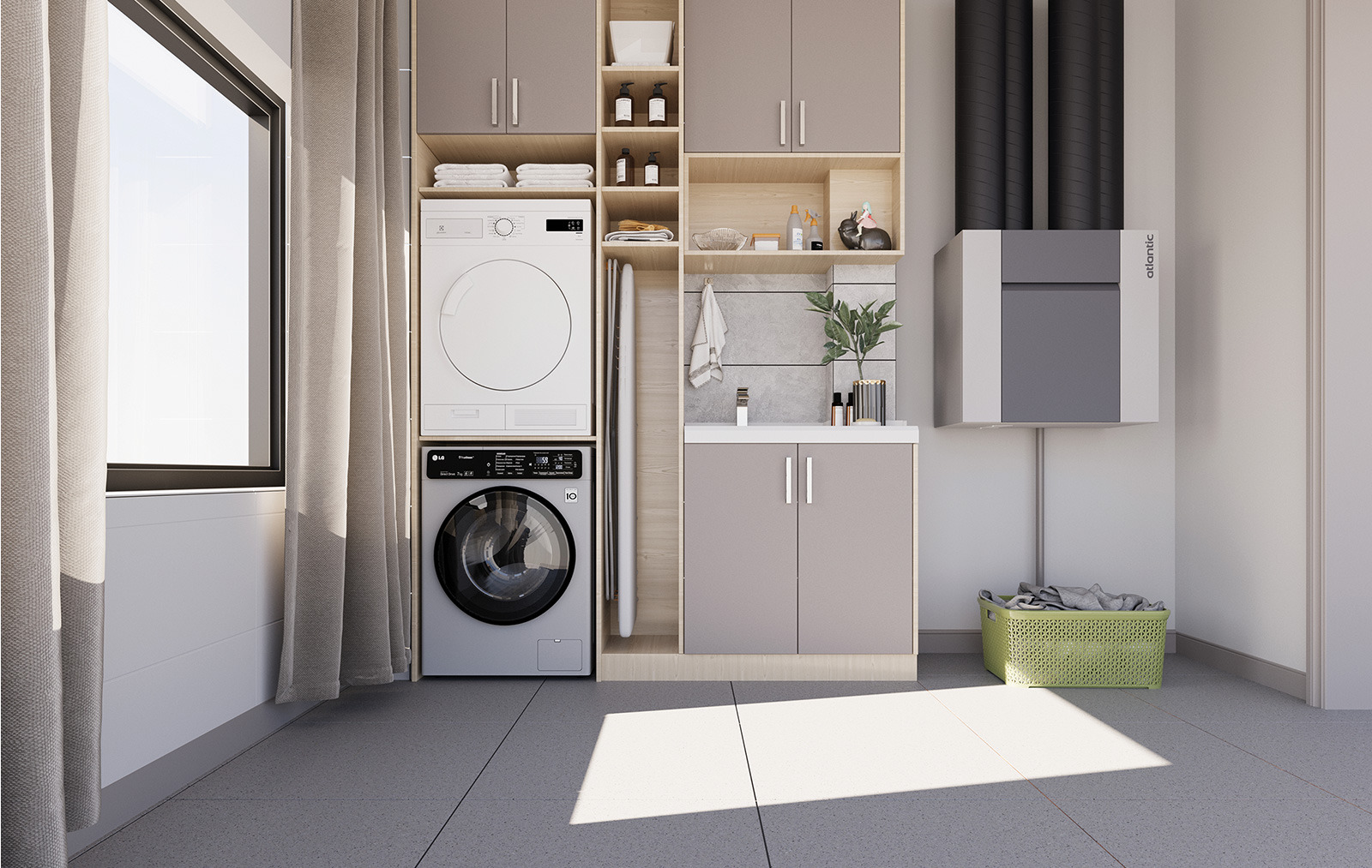 Caisson de VMC double flux Atlantic Optimocosy HR+ installé en hauteur dans un local de service
