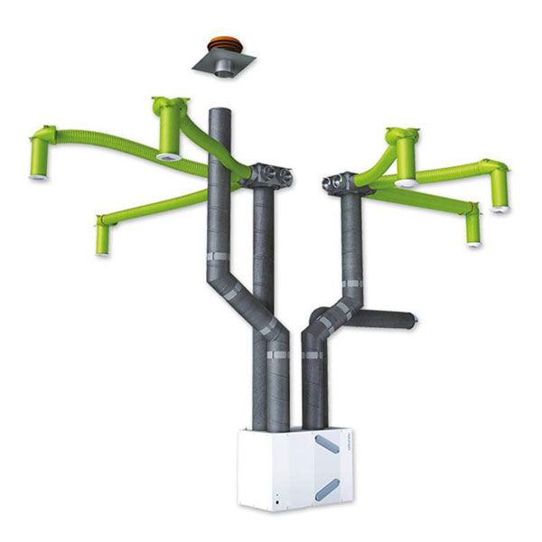 Réseau de distribution en pieuvre d'une VMC double flux : échangeur, plénums et conduits souples